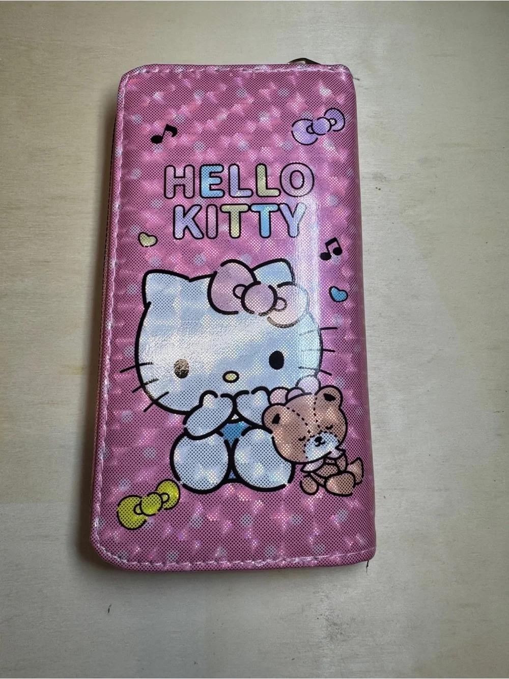 Holographic Hello Kitty Pink Zip Wallet with Bear Accent NWT